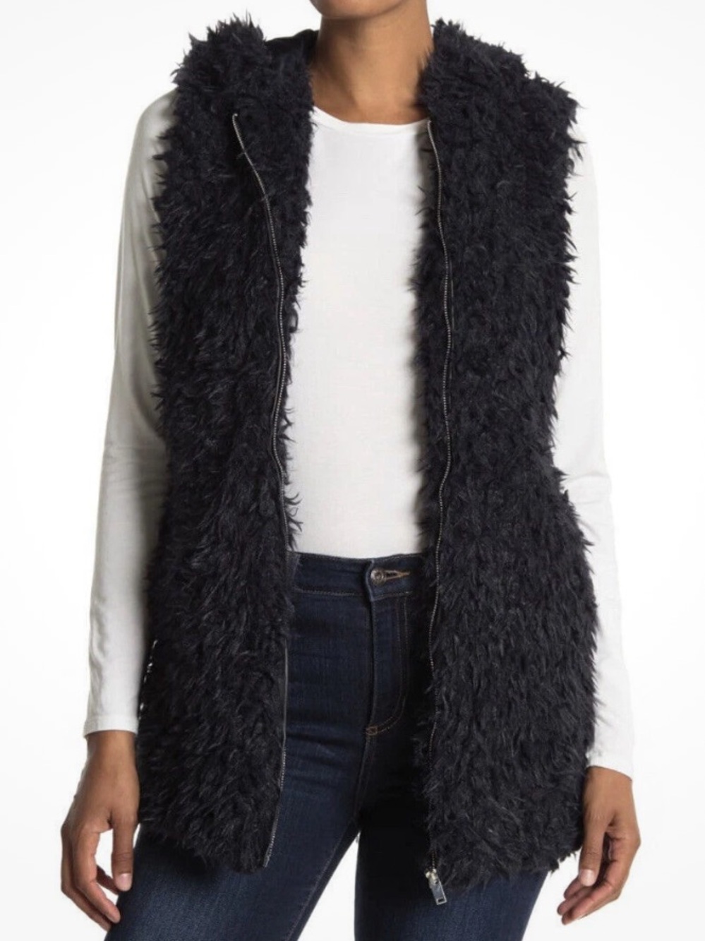 Love Token Navy Blue Faux Fur Tommy Hooded Zipper Vest